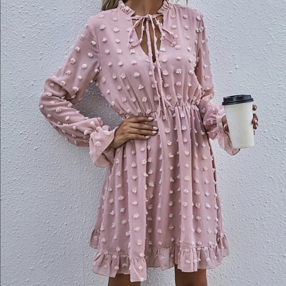 Boho Swiss dot tie neck ruffle hem dress - Picture 2 of 5